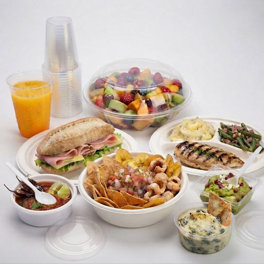 Alimentos servidos en vasos, platos y contenedores desechables